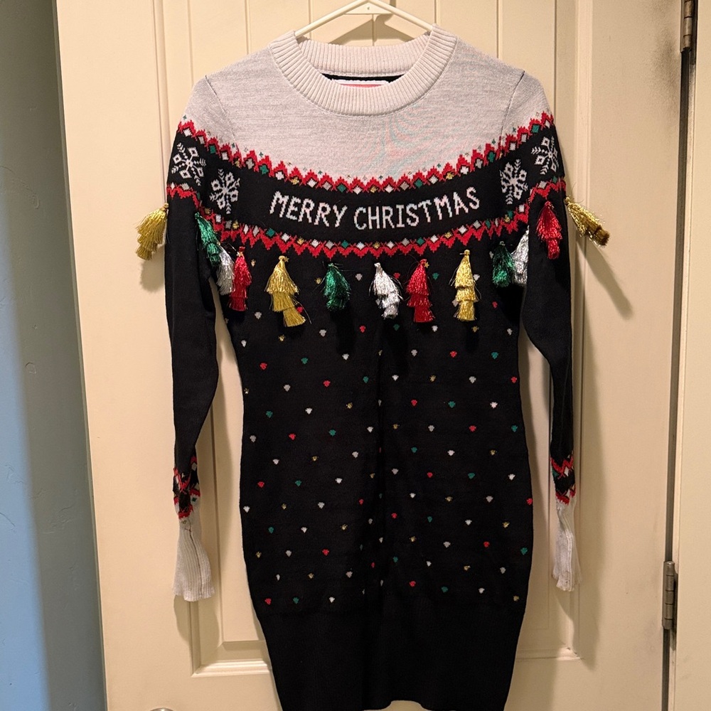 Tipsy Elves Black, White & Red 'Merry Christmas' Tassel Knit Dress Sweater